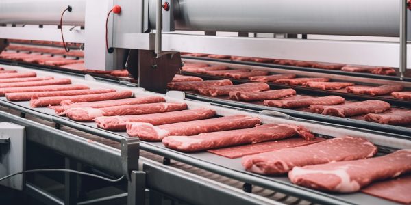 Meat in a food factory. Generative Ai,